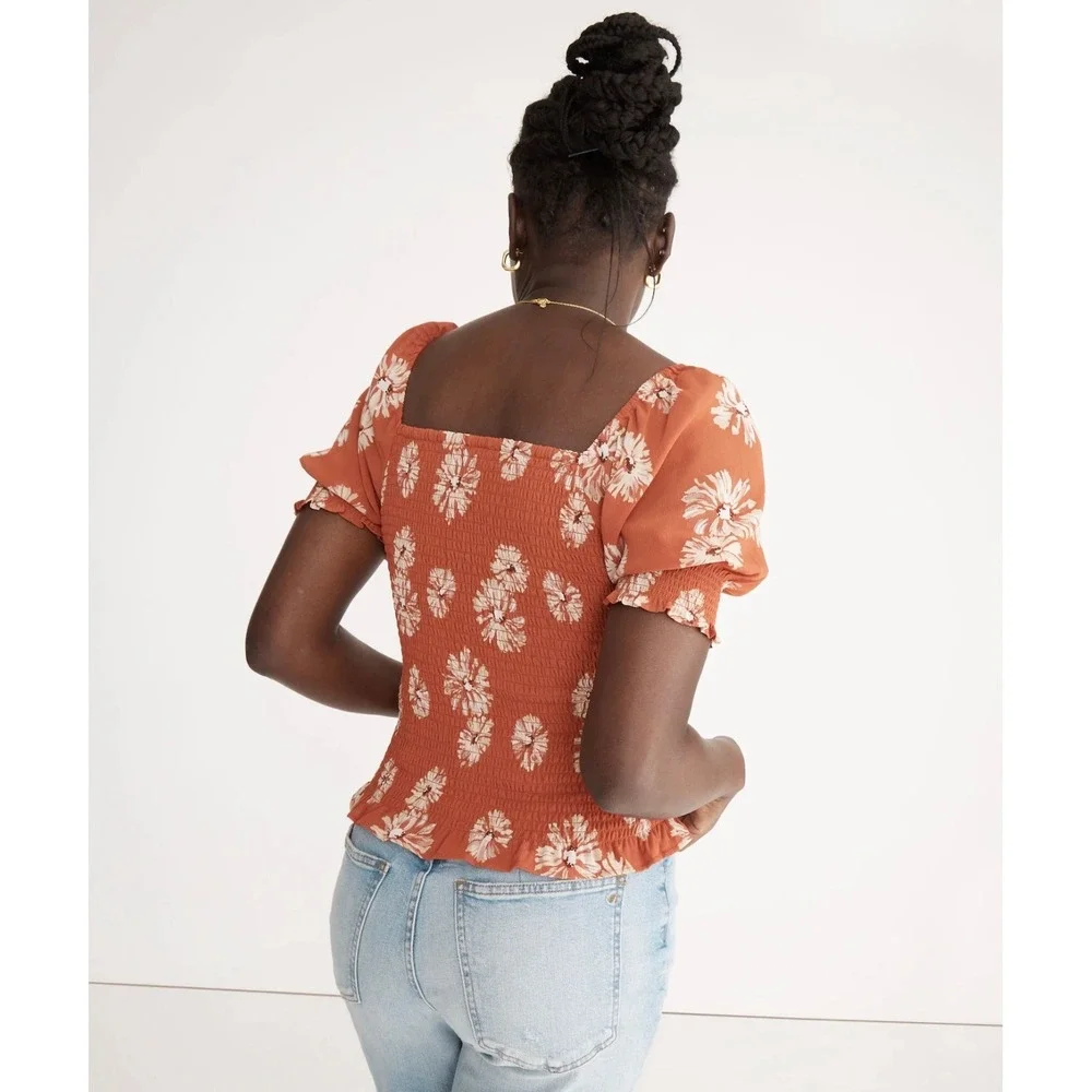 Madewell Georgette Lucie Floral Smocked Top Square Neck Puff Sleeve‎ Rust Size M - Picture 2 of 16
